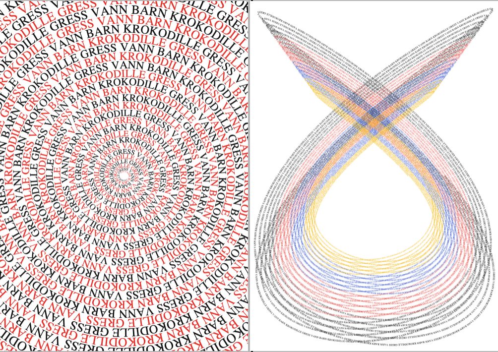 Two pattern pages made of type: a spiral and a harmonograph